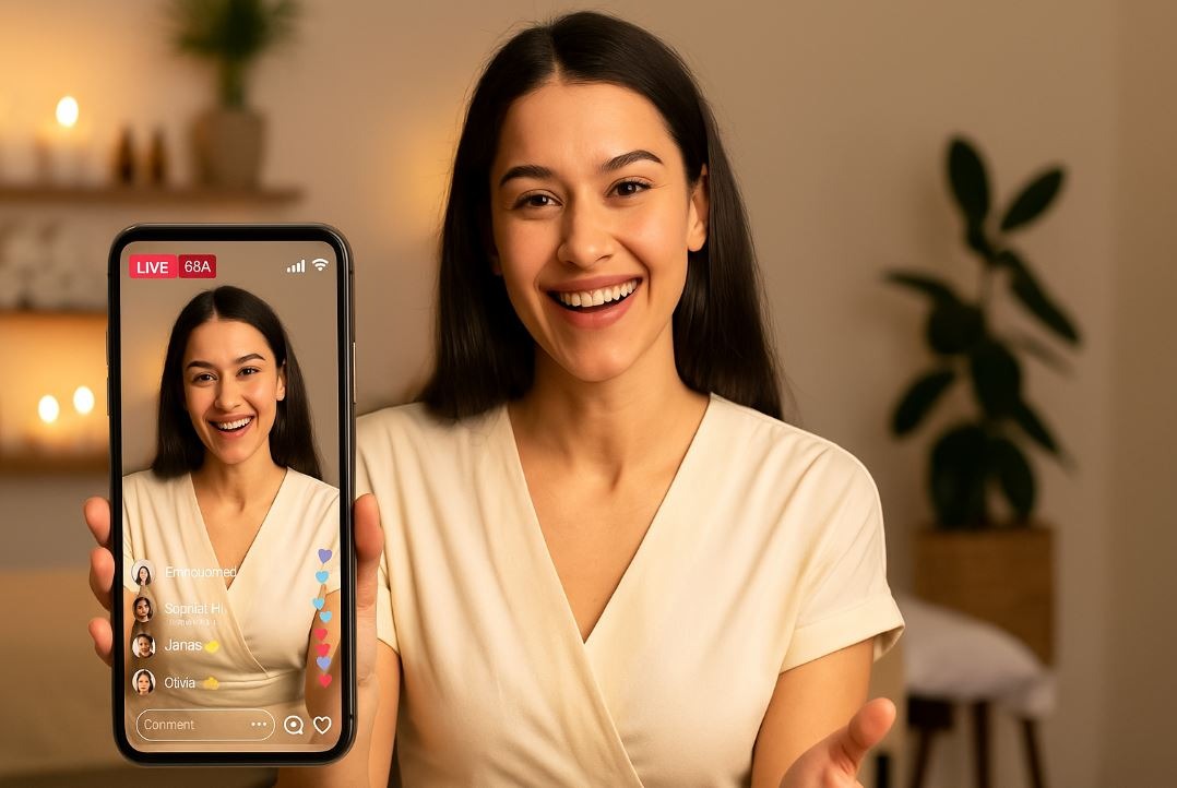 Spa owner hosts Instagram Live Q&A, smiling warmly with audience comments on-screen, set in a cozy, plant-filled spa space promoting interactive connection.