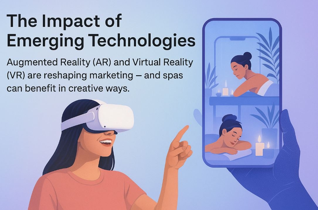 Illustration of a woman using a VR headset, interacting with a virtual spa experience shown on a smartphone, symbolizing AR and VR innovations in spa marketing.