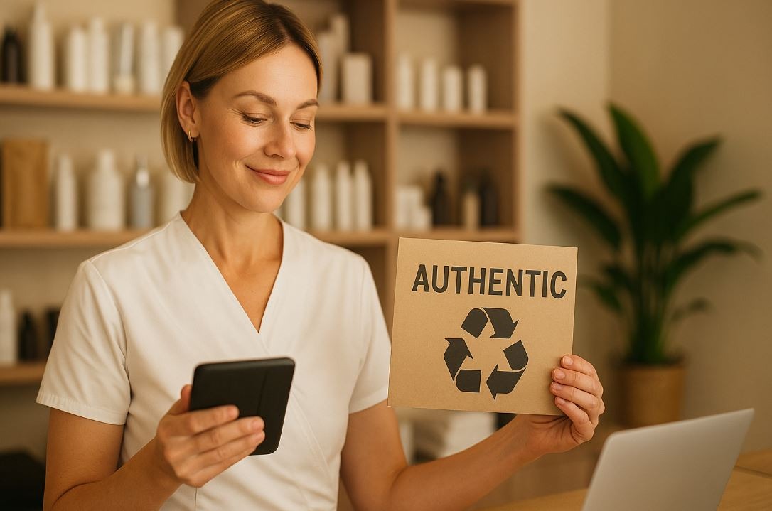 Spa professional holding an “AUTHENTIC” sign with a recycling symbol, smiling while using a tablet, symbolizing brand transparency and sustainability values.