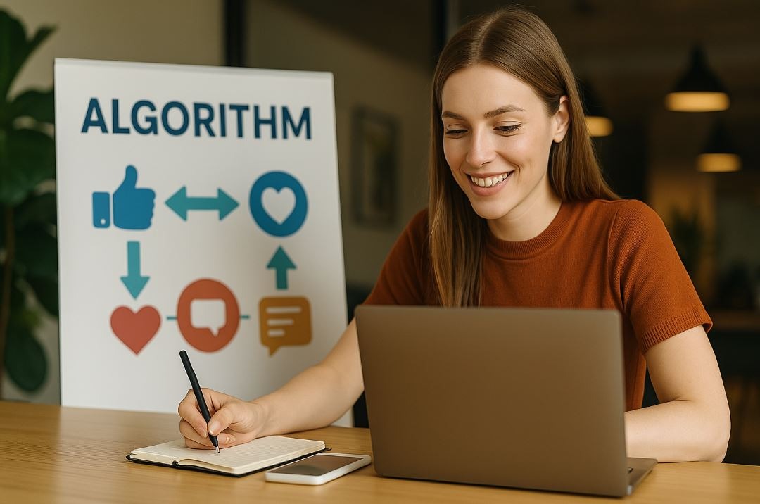 Young woman smiling while working on a laptop, taking notes beside a colorful “ALGORITHM” poster, symbolizing strategy for social media algorithm changes.