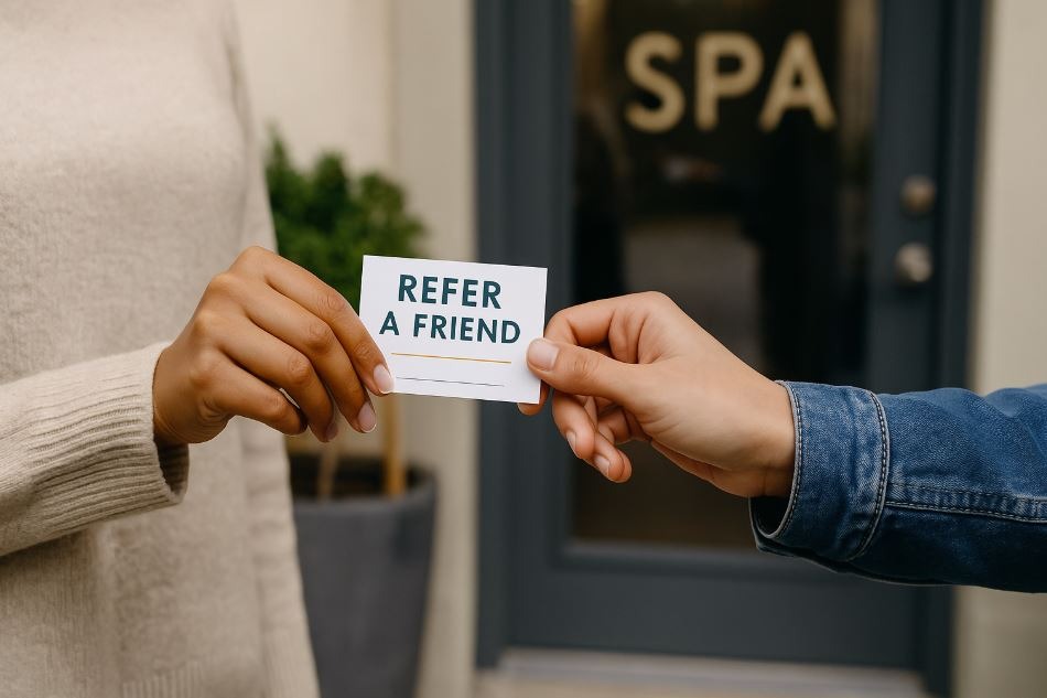Client passing a referral card to a friend with a smile in front of a local spa.