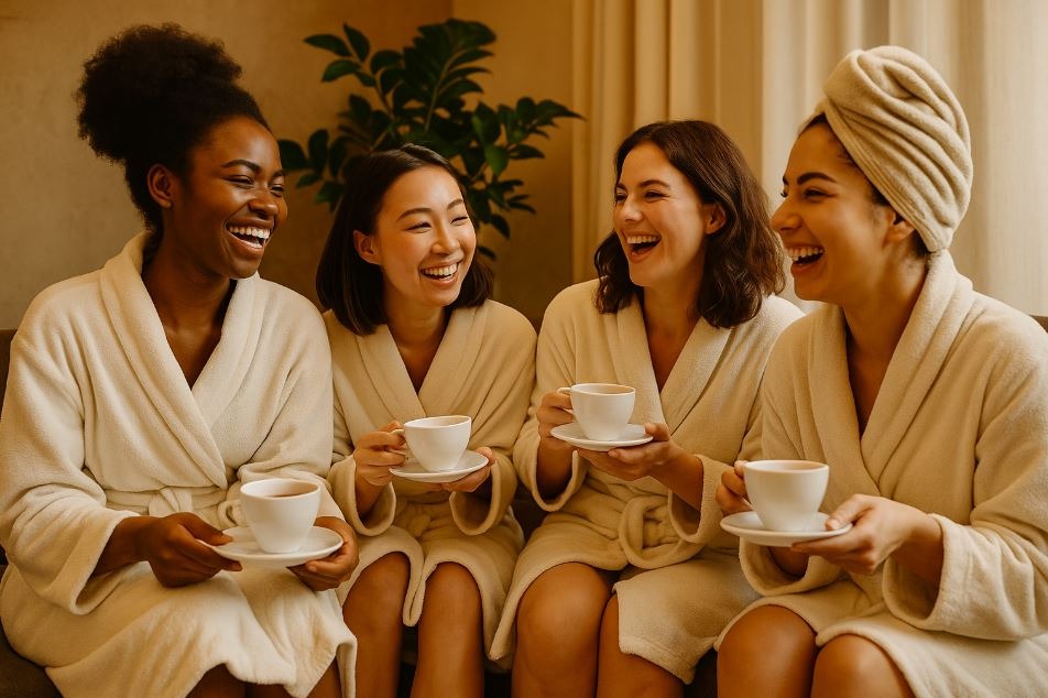Referred clients building a sense of community inside a modern spa lounge.
