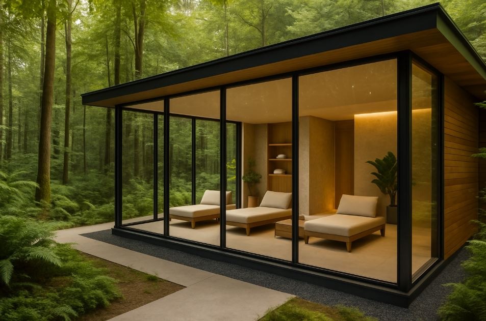 Modern forest spa with floor-to-ceiling glass windows, surrounded by lush trees, representing natural tranquility and minimalist wellness design.