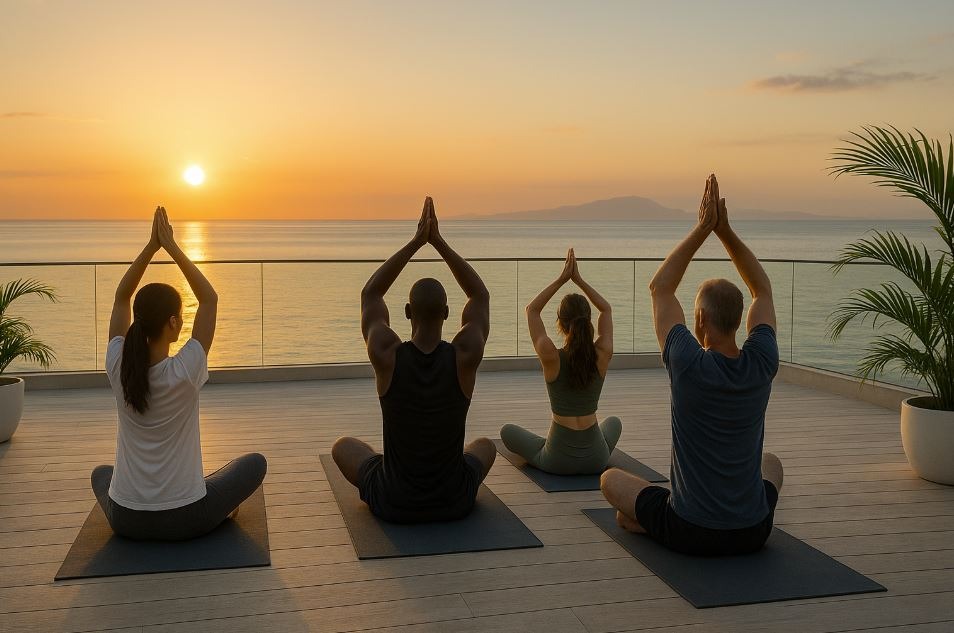 International spa guests doing sunrise yoga on rooftop with ocean view.