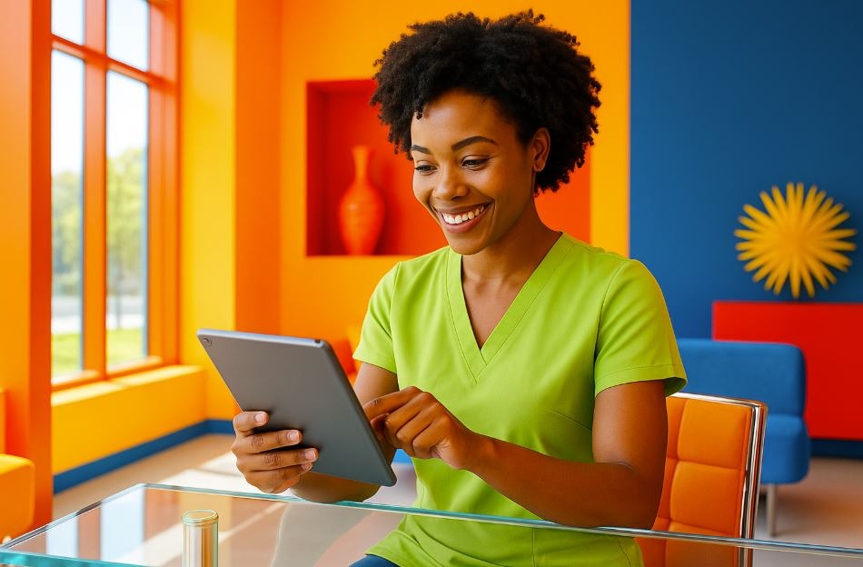 A smiling African spa receptionist in a bright green uniform uses a tablet at a modern front desk, surrounded by vibrant orange, yellow, and blue decor in a sunlit lobby.