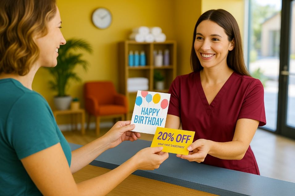 Receptionist giving birthday card to spa client as part of personalized care.