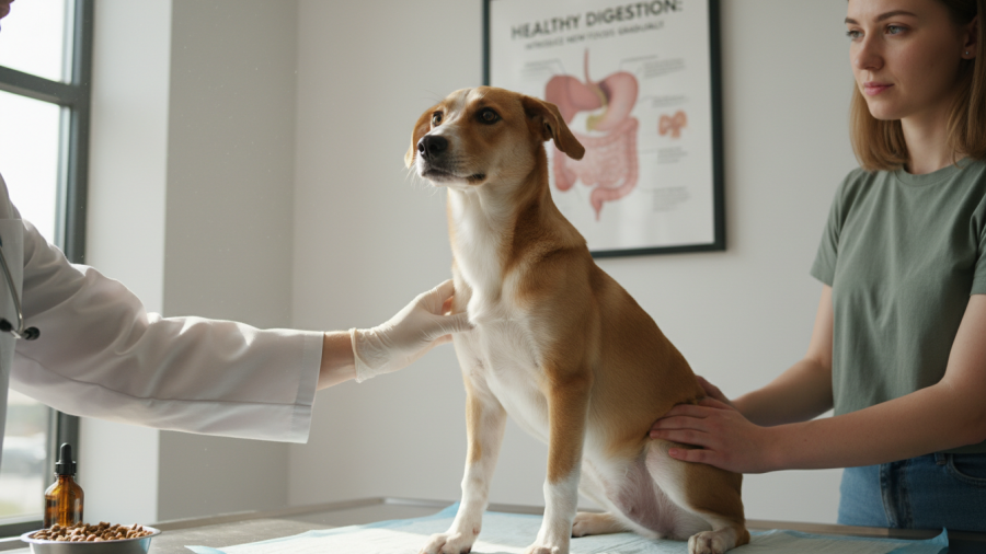 Veterinarian examining a calm dog, highlighting natural calming solutions for pets.