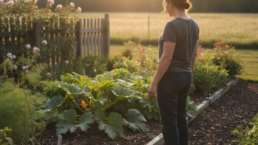A person observes garden plants, reflecting on soil compaction plant problems.
