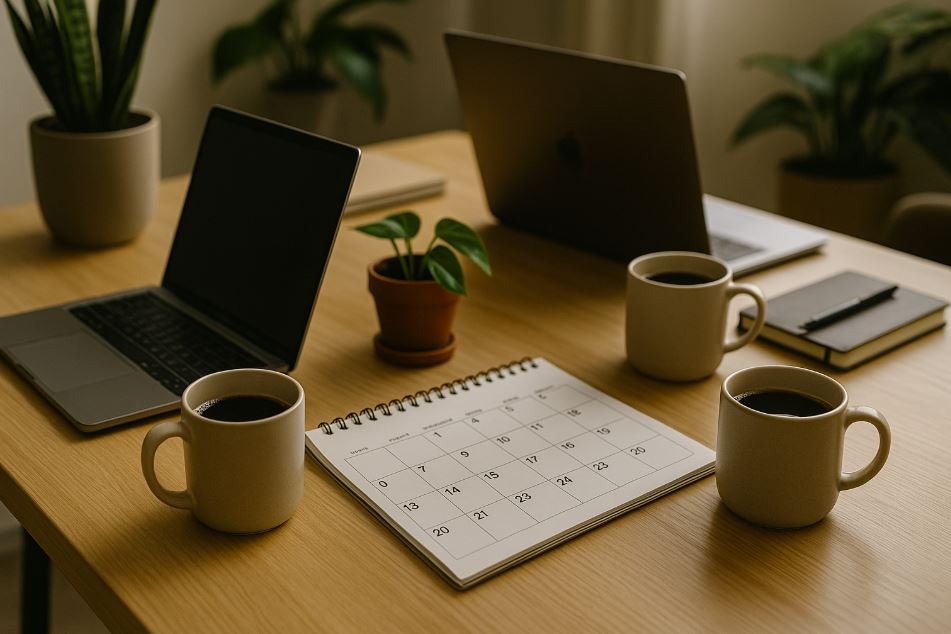Modern workspace with calendar and laptop for weekend-only workout plan