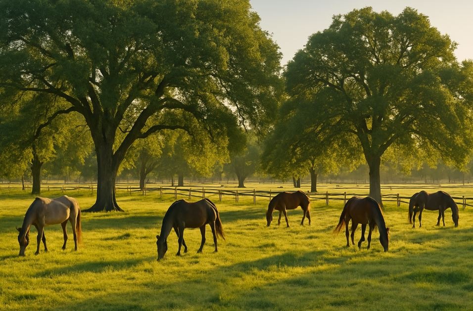 Horses grazing peacefully beneath large oak trees in the main pasture at Gibson Ranch Regional Park, with a rustic wooden fence in the background.