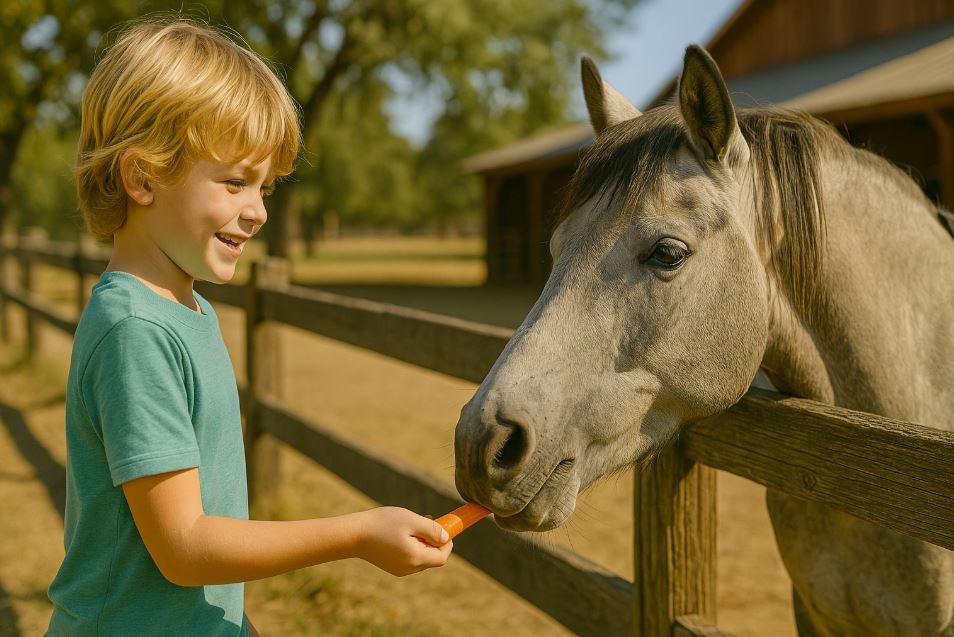 Young child feeding a horse at the equestrian center in Gibson Ranch.