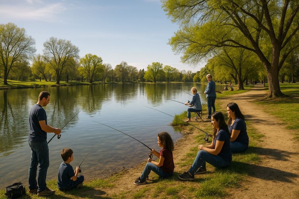 Visitors fishing beside the calm lake at Gibson Ranch on a sunny day.