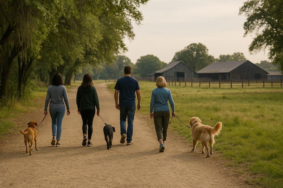 Dog walkers enjoying the shaded trails at Gibson Ranch Regional Park.