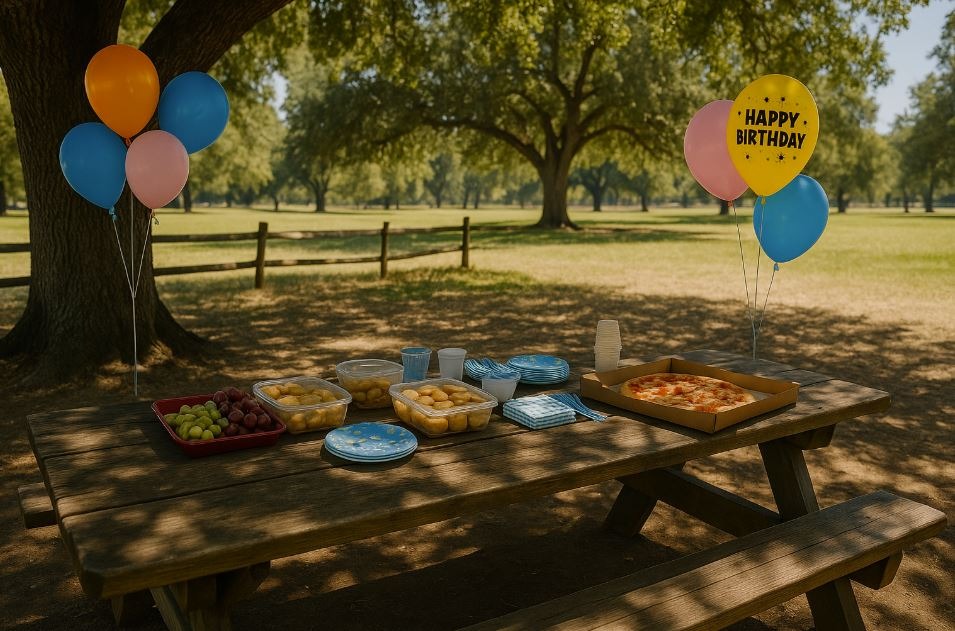 Picnic area at Gibson Ranch decorated for a birthday celebration.