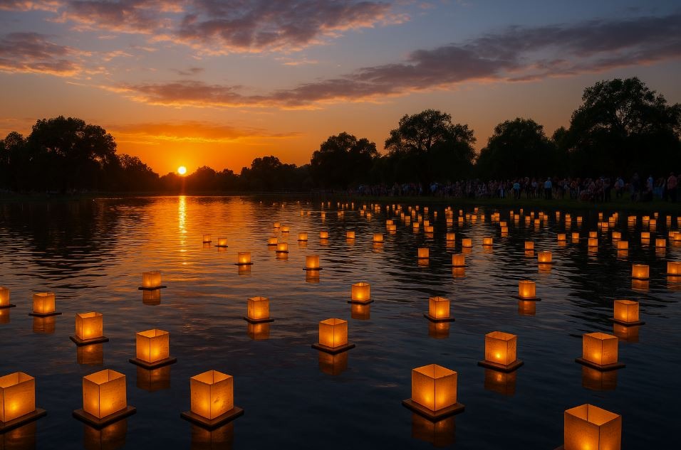 Lanterns floating on Gibson Ranch lake during the Water Lantern Festival at dusk.