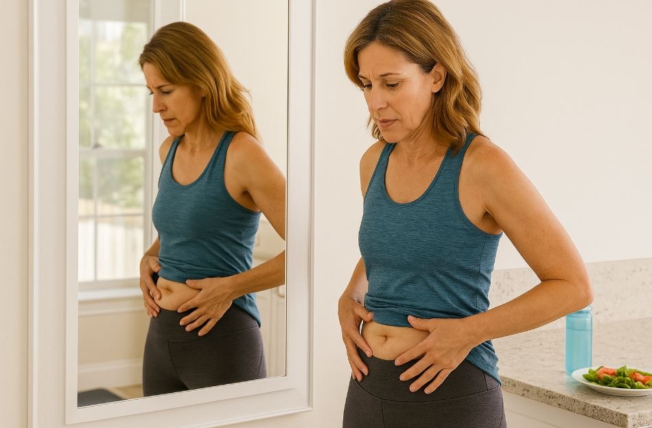 Woman examining her stomach in front of a mirror with healthy lifestyle items nearby, representing the struggle with belly fat despite active efforts.