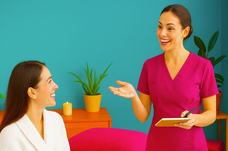 Spa professional actively listening and engaging with a client in a calm, well-decorated treatment room, representing effective communication.