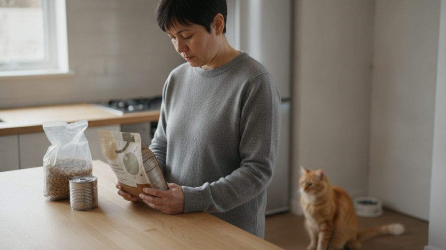 Cat owner evaluating wet vs dry cat food options at home for healthier choices.