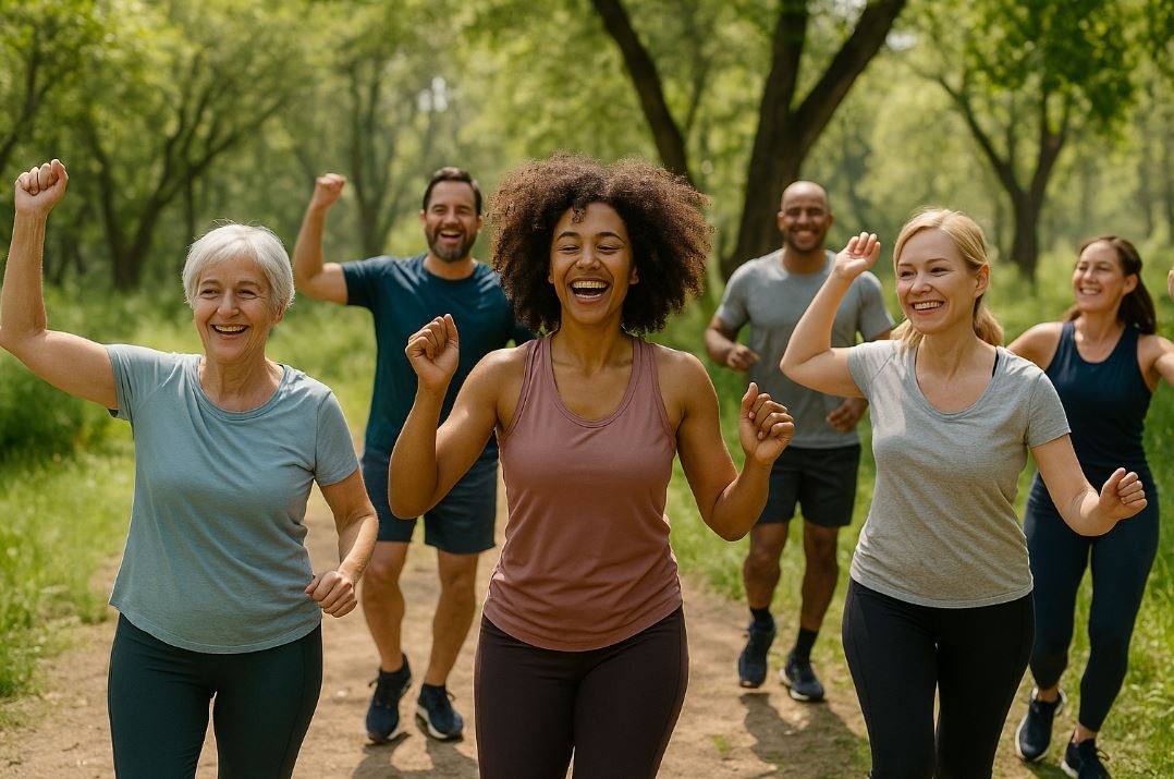 Guests dancing together in an outdoor spa class, smiling and energized.