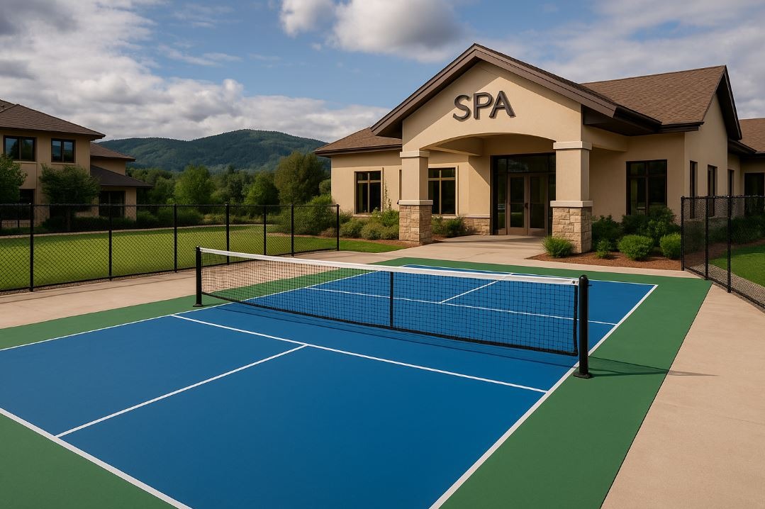 Pickleball court adjacent to a luxury spa, blending fitness and wellness travel.