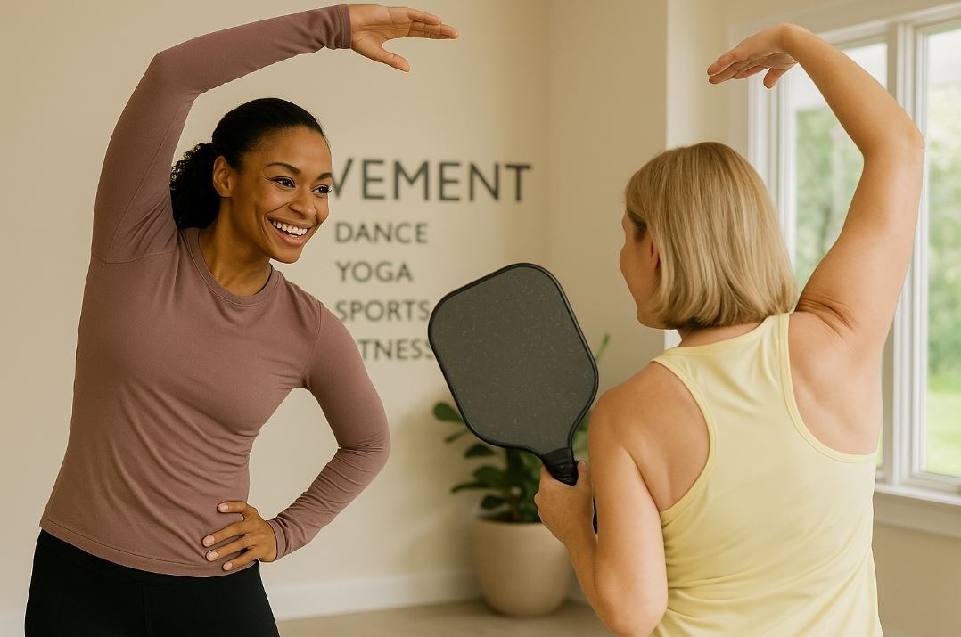 Spa trainer guiding a guest through pre-sport mobility stretches.