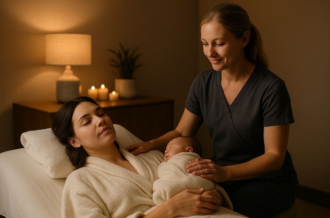 New mom receiving gentle postpartum treatment in a peaceful spa room.