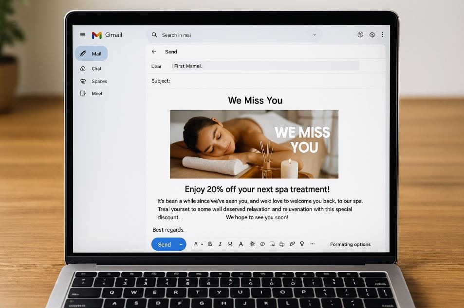 We Miss You” email re-engagement campaign open on a spa owner's computer screen.