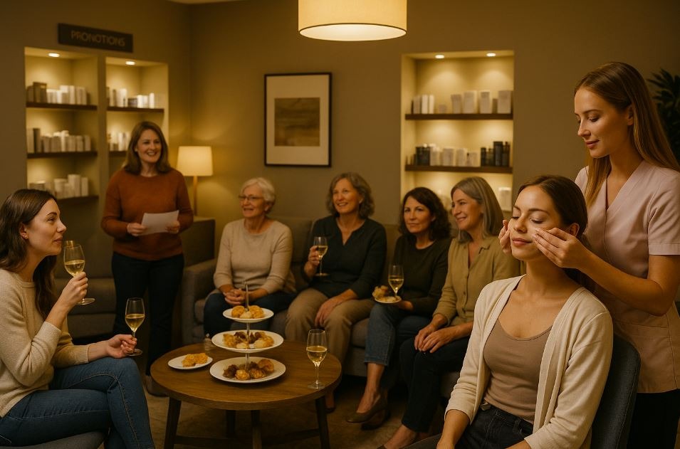 Spa open house event with mini treatments and guest interactions.