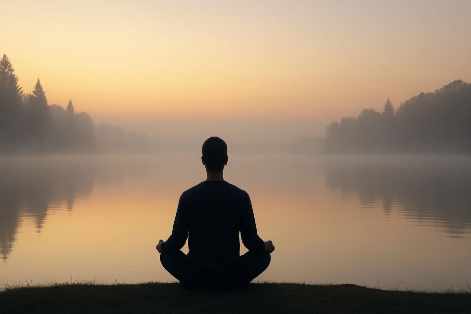Person meditating in silence by a tranquil lake at sunrise, symbolizing mindfulness, clarity, and the power of stillness in a noisy world.
