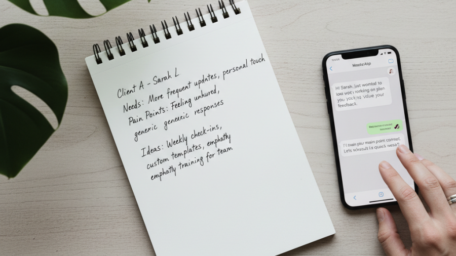 Thoughtful communication: handwritten notes and digital empathy for clients.