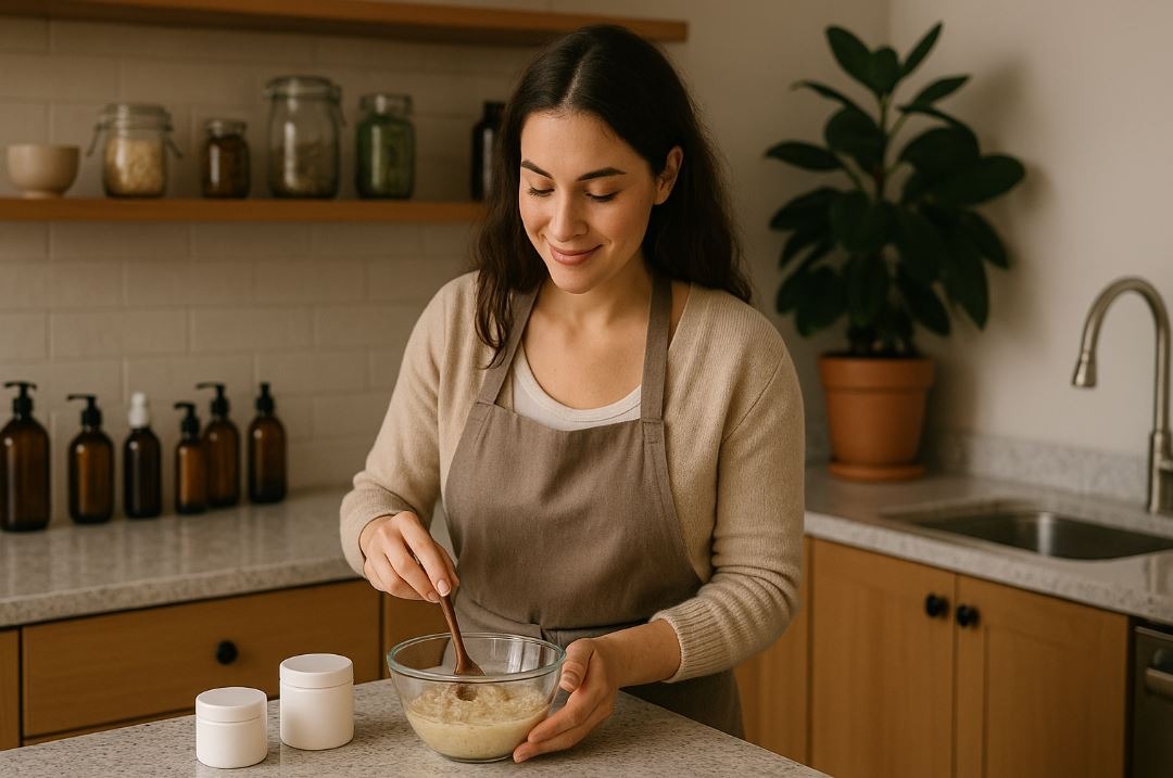 Spa entrepreneur preparing handmade skincare products, highlighting passion and personal beginnings.