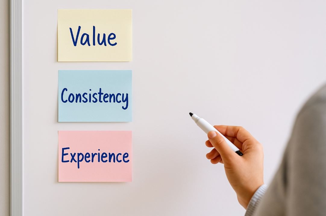 Spa owner planning marketing strategies based on experience and brand consistency.