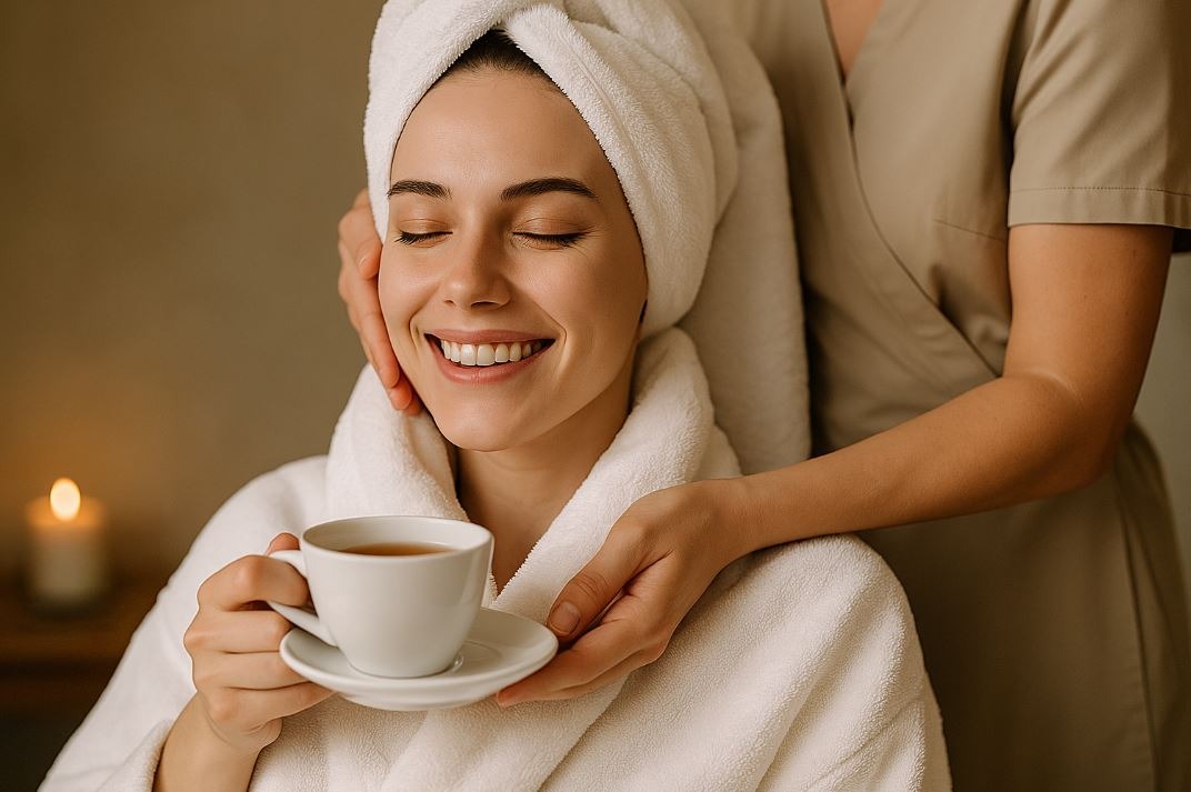 Happy client experiencing a signature spa moment, representing the unique value of the spa.