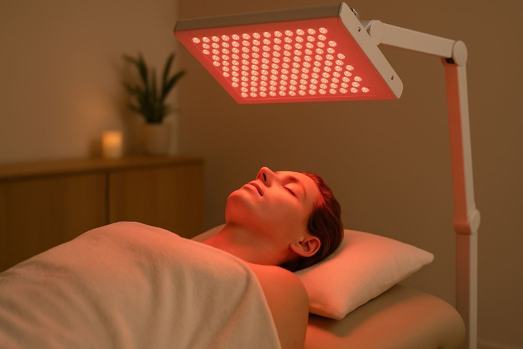 Red light therapy session supporting skin and cellular repair in spa setting.