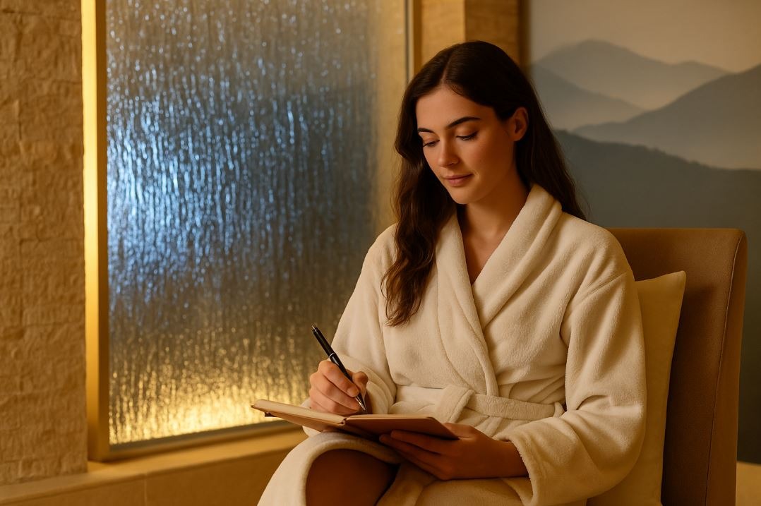 Spa guest engaging in emotional reset journaling as part of a healing experience.