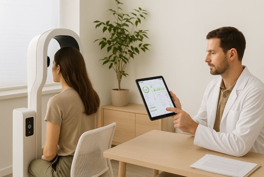 Spa health screening session using biomarker data to personalize wellness services.