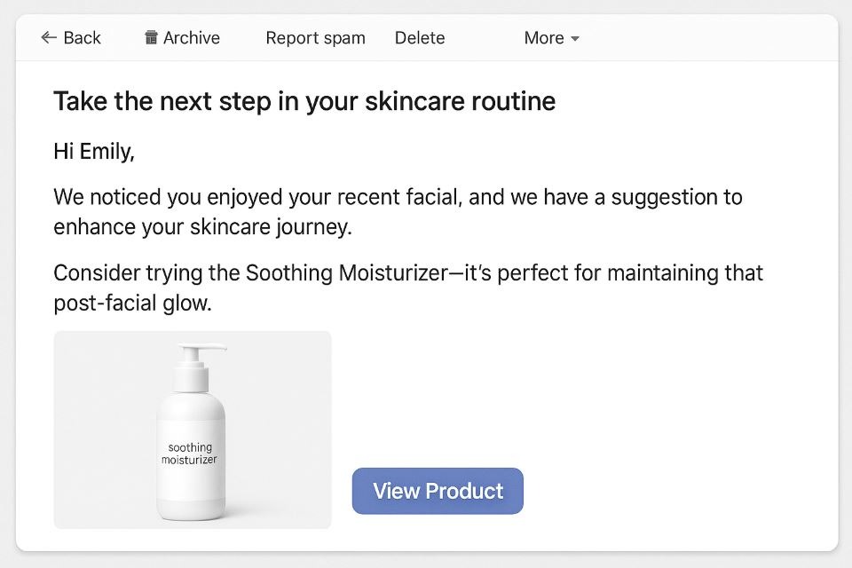 Product suggestion email sent after spa facial treatment.