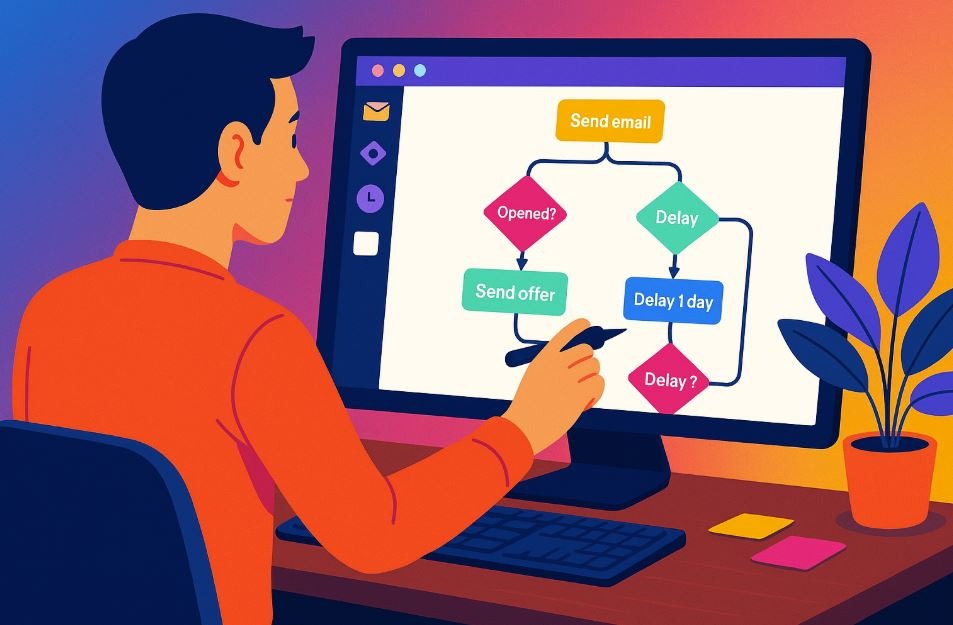 Spa marketer creating personalized email and SMS automation workflows.