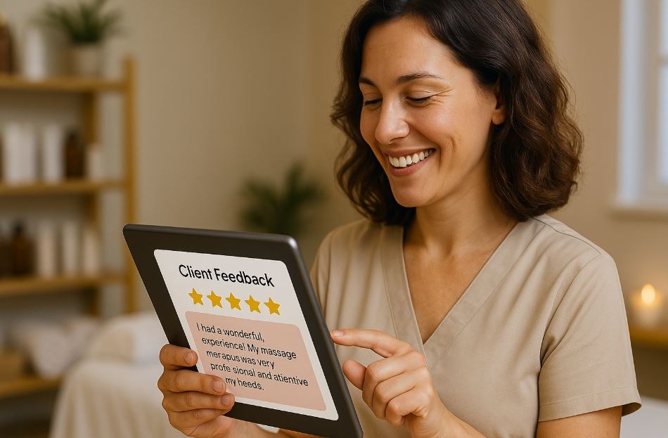 Spa business owner reflecting on success with personalized client communication.
