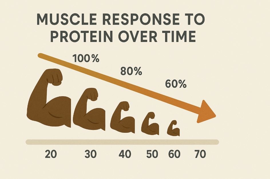 Age-related decline in muscle protein synthesis shown in a graphic timeline.
