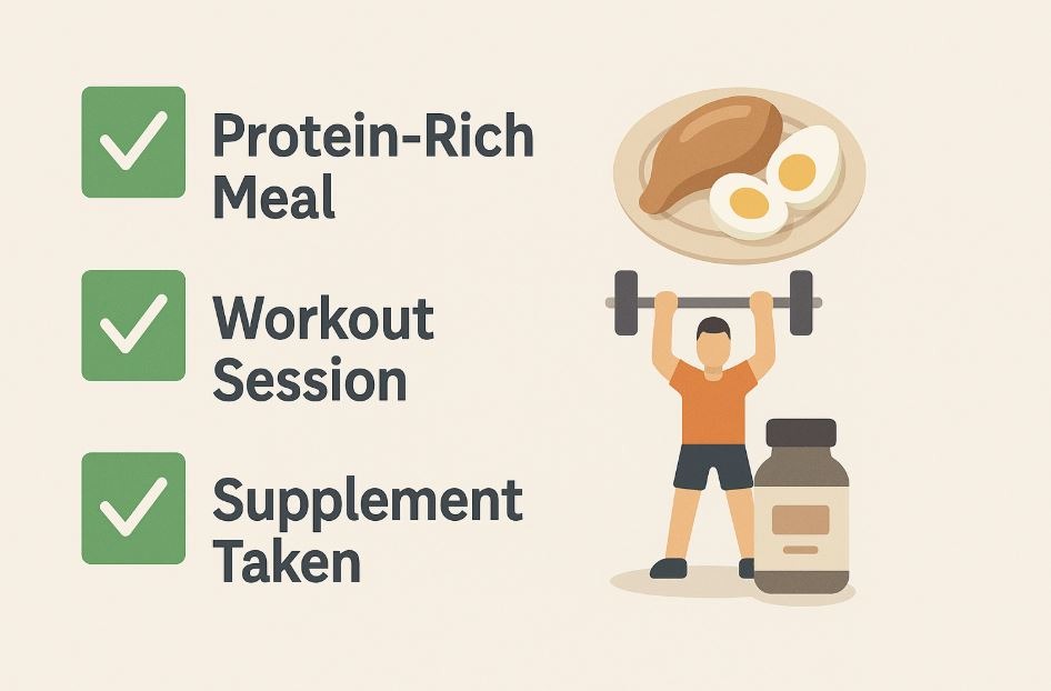 Muscle-building routine checklist with leucine-focused meals and resistance training.