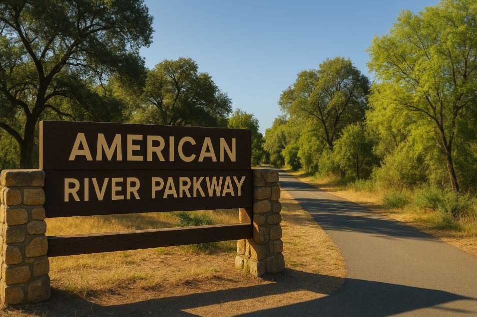 American River Parkway trailhead sign with natural backdrop in Sacramento.