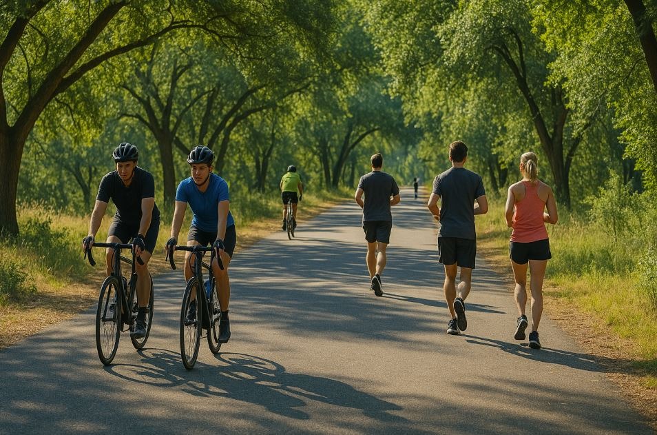 Cyclists and runners on the Jedediah Smith Memorial Trail along the Parkway.