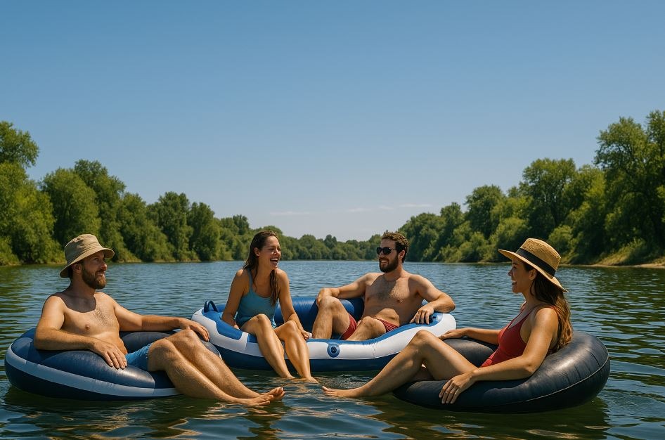 People rafting on the American River at Sunrise Blvd launch point.