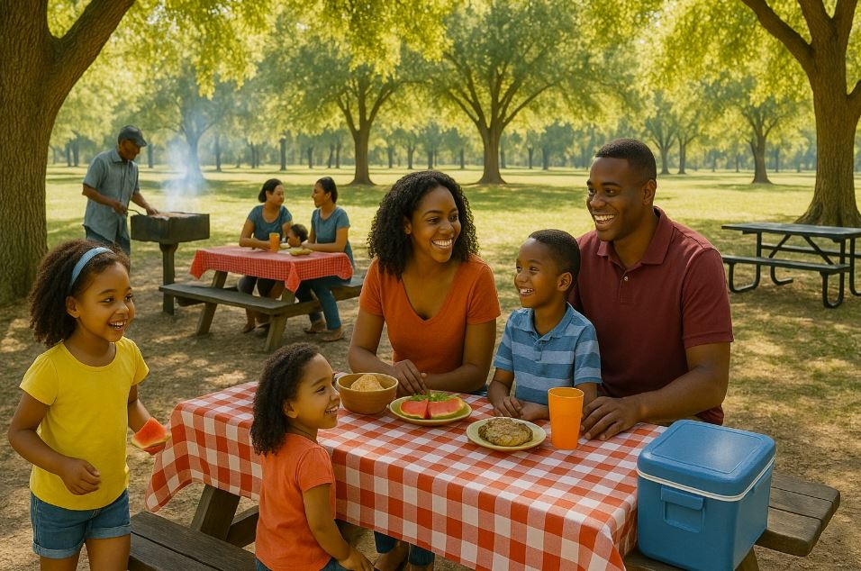 Group picnic at William B. Pond Recreation Area in Sacramento.