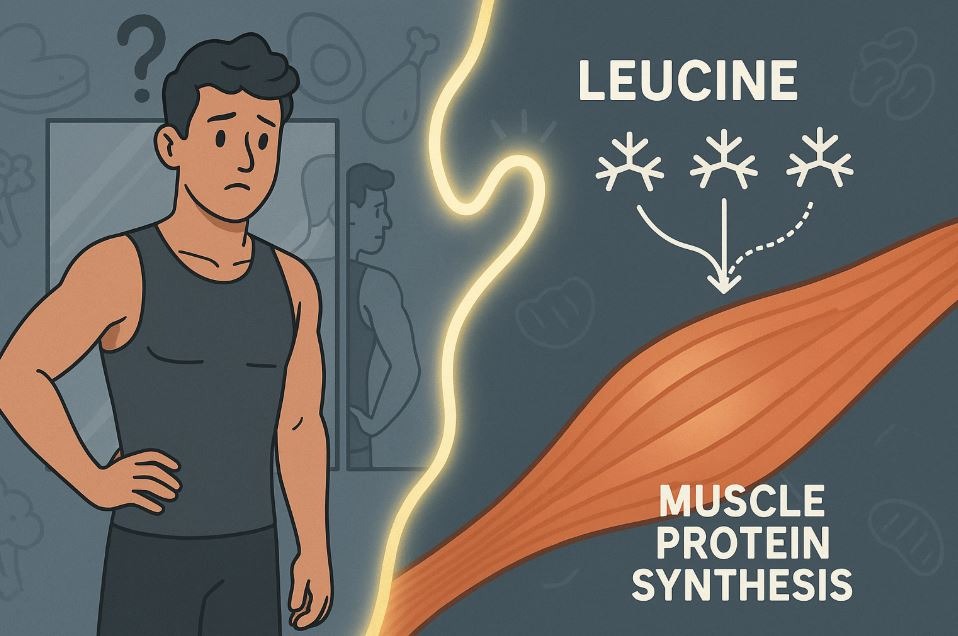 Split-screen image of a man puzzled by muscle loss, with a diagram showing how leucine activates muscle protein synthesis. Protein icons in background.