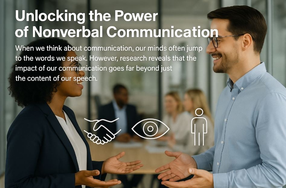 Two professionals converse using expressive gestures and eye contact, with overlay icons highlighting key elements of nonverbal communication.