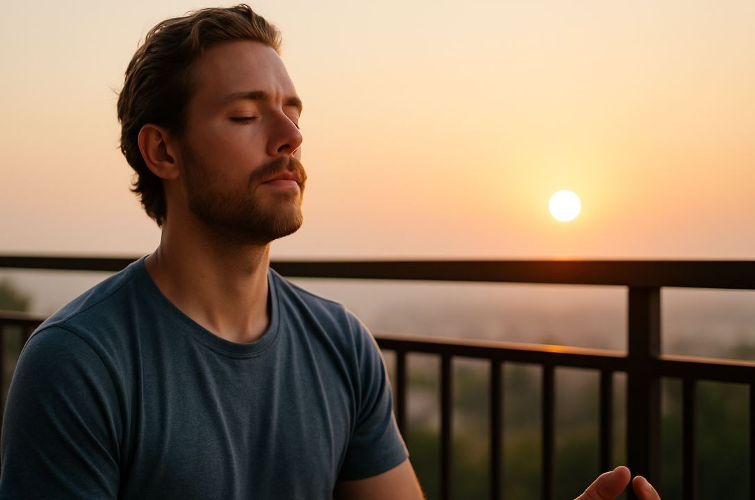Person practicing conscious breathing outdoors at sunrise for relaxation.