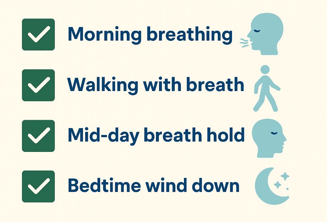 Checklist of daily breath practices for energy, calm, and sleep.