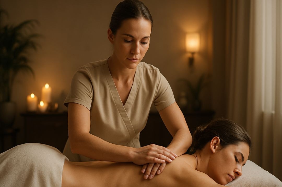 A focused female massage therapist performs a back massage in a softly lit spa room, with candles and plants enhancing the calming atmosphere.